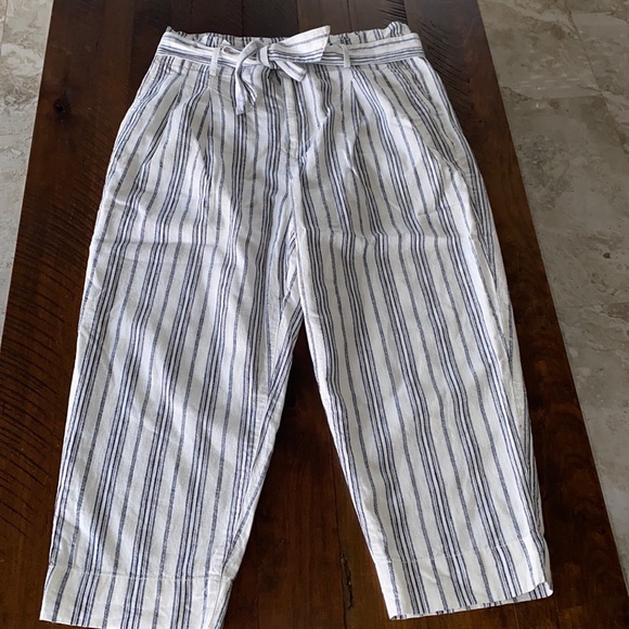 Madewell Linen Cotton Paperbag Pants in Dark Baltic Striped High waist - Picture 4 of 9